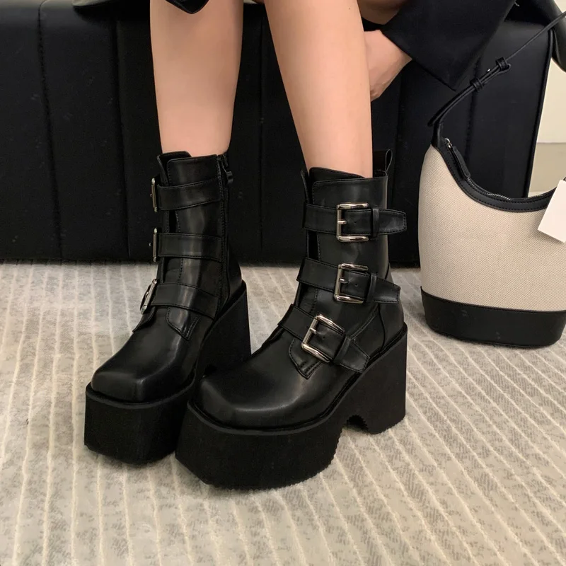 Black Platform Boots Women Chunky Shoes High Heels Autumn Ankle Boots Ladies Motorcycle Shoes Punk Round Toe Bottine Femme