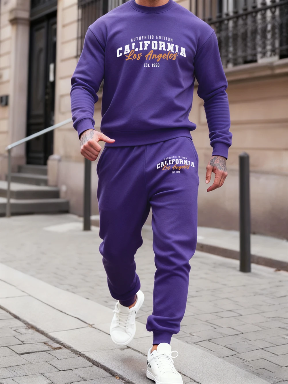 

2 Pcs Hoodies Set Men'S Los Angeles California Print Sweatpants Autumn Crewneck Loose Jogging Outfits Casual Fleece Warm Clothes