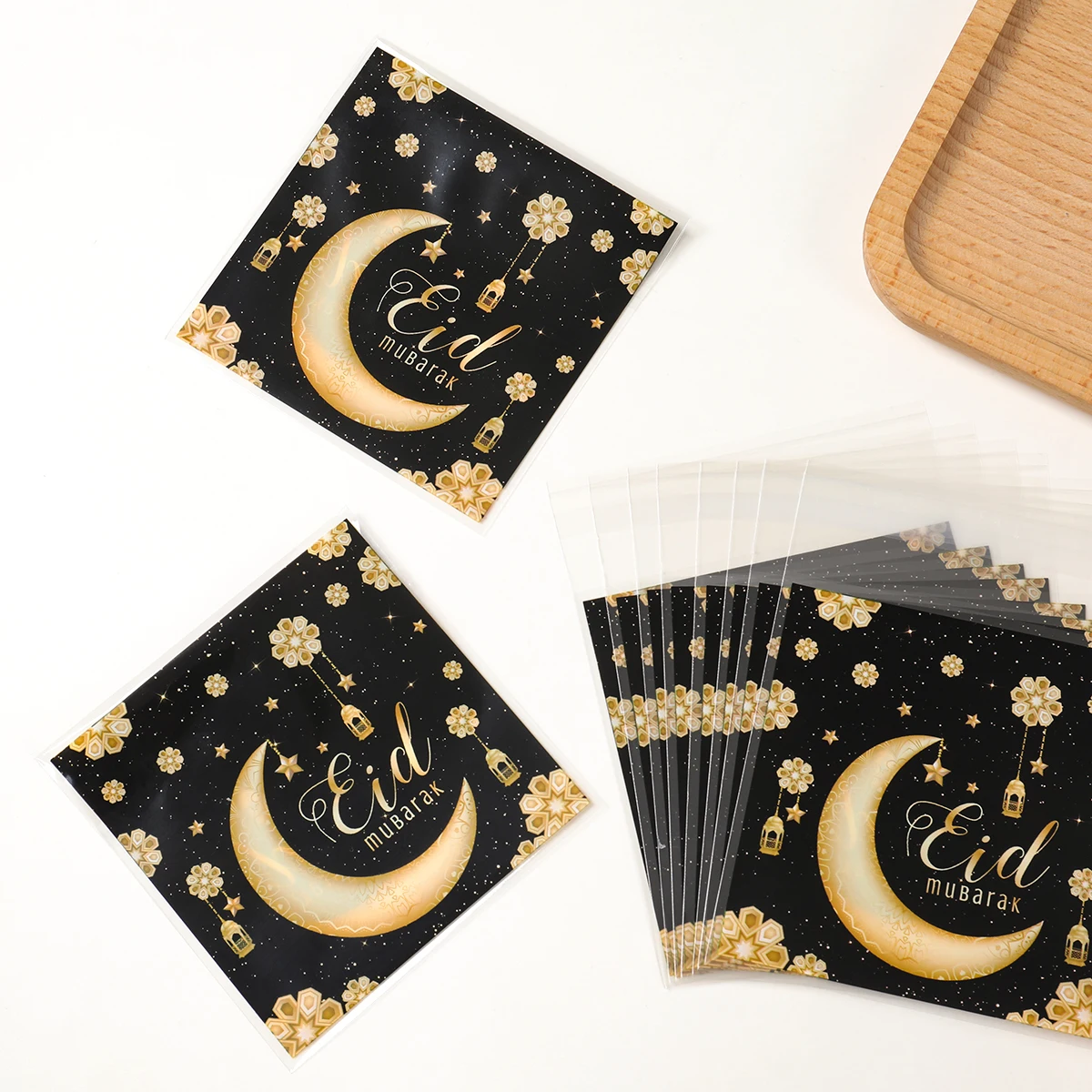 50/100pcs Eid Mubarak Candy Bag 2025 Ramadan Plastic Self Adhesive Gift Bag Ramadan Kareem Islamic Muslim Party Eid AlAdha Gifts