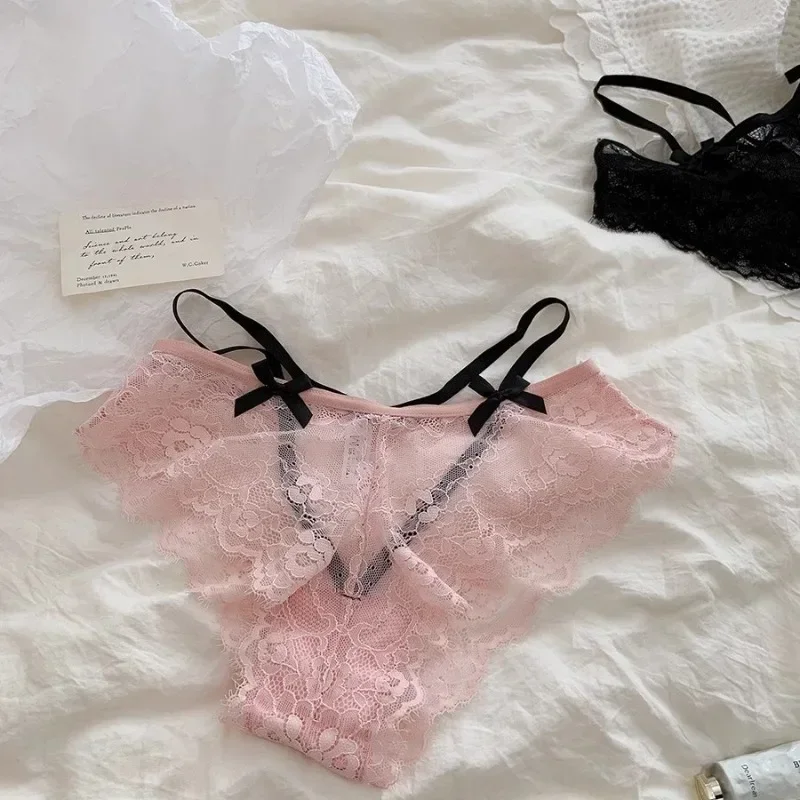 

c French Lace Bow Holllow Out Sexy Women's Underwear Low Waist Thin Transparent Panties Cotton Crotch Breathable Briefs