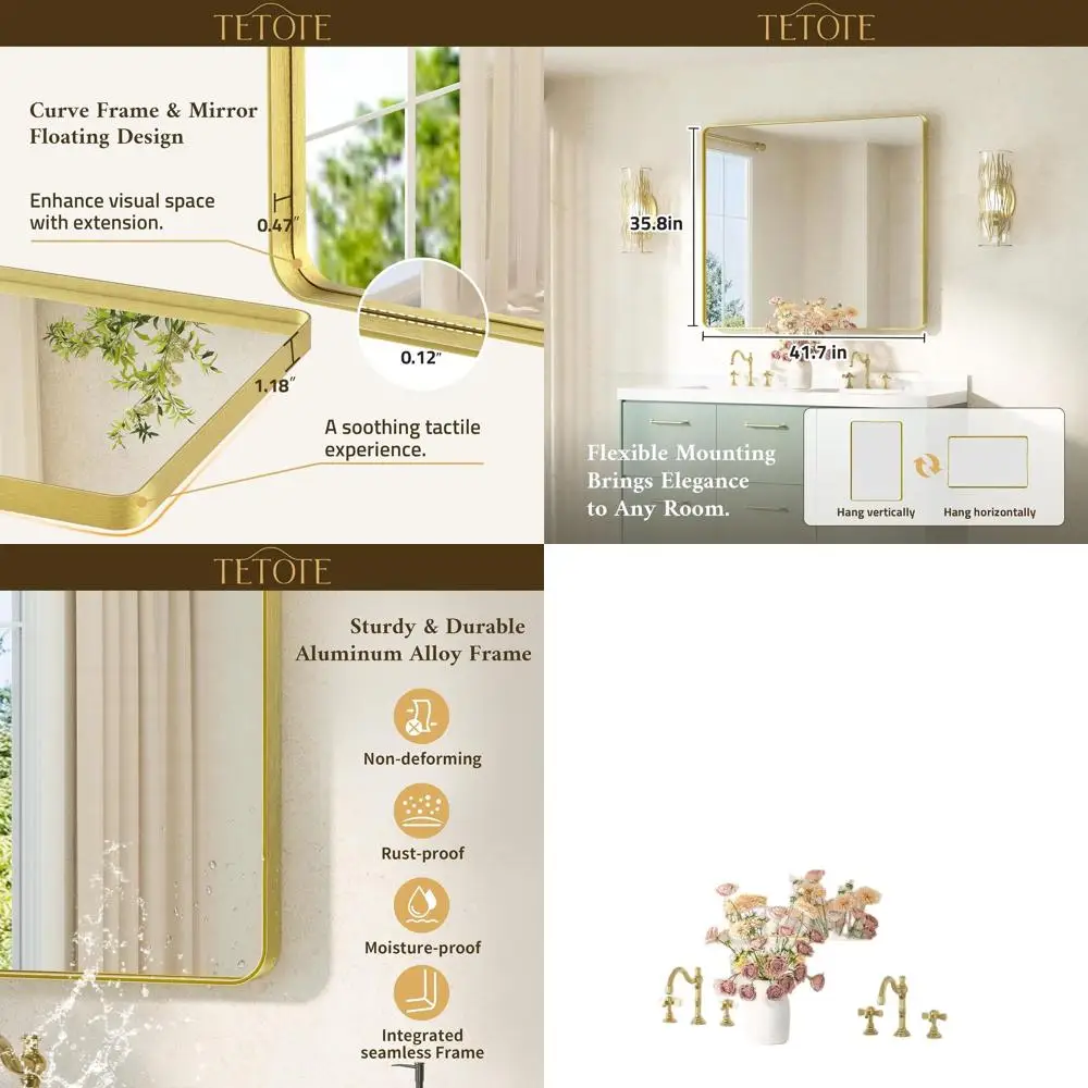 

Зеркало для ванной в современном фермерском стиле 42 x 36 дюймов с рамой из матового золота и закаленным стеклом для настенного монтажа (горизонтальное или вертикальное)