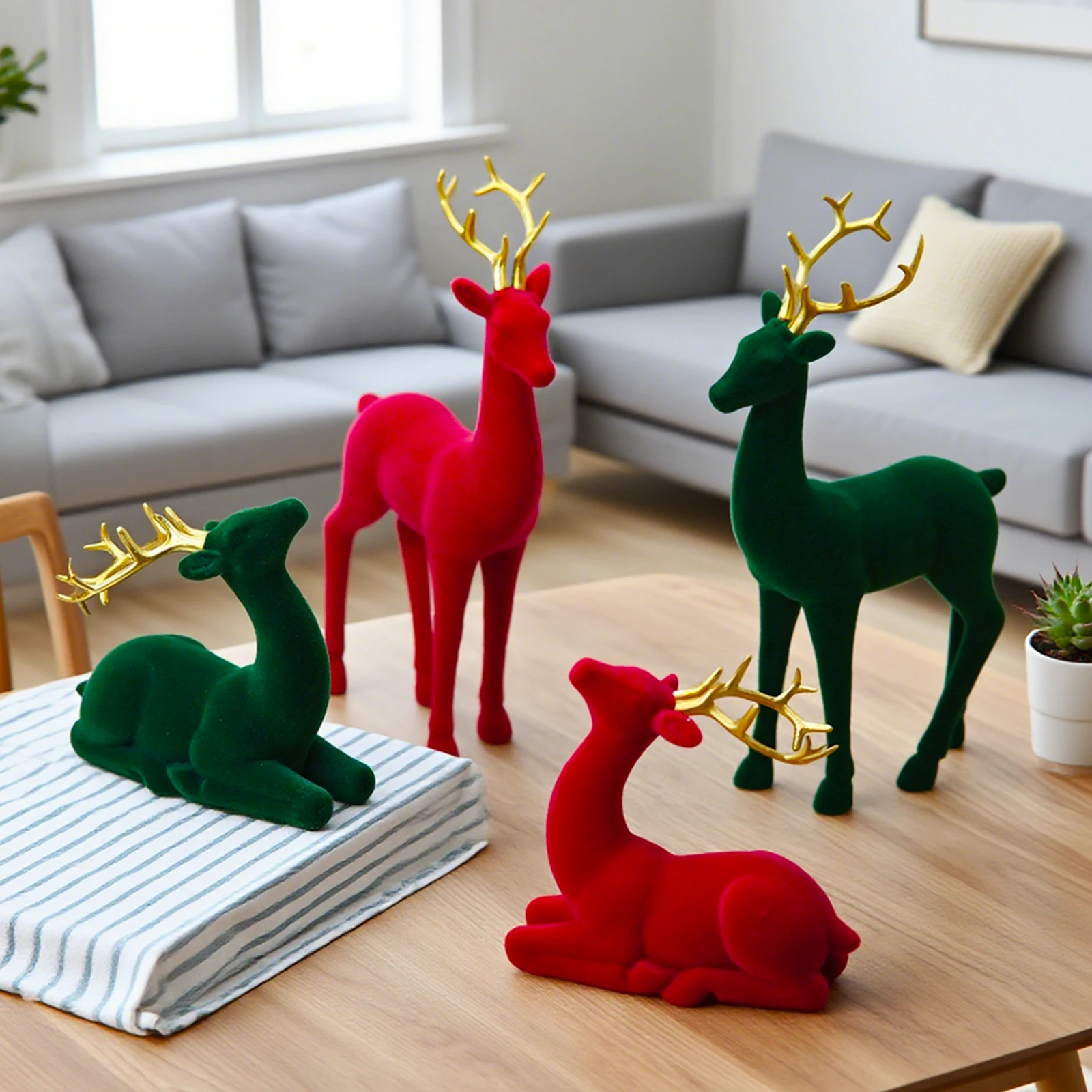 Figuras de renos navideños, estatua de ciervo flocado, decoración de mesa para sala de estar, hogar, oficina, fiesta navideña, 2 uds.
