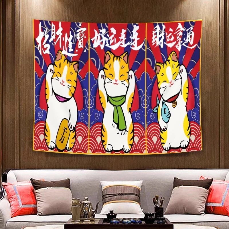 VIKAMA Maneki Neko Tapestry Wall Hanging Japanese Lucky Cat Rising Sun Wave Red Blue Aesthetic Wall Art Living Room Decor