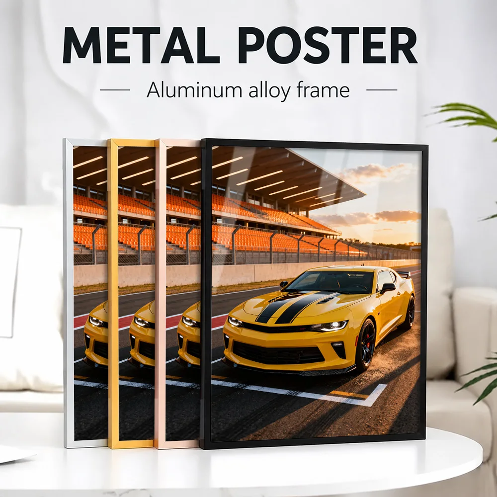 Yellow United States Camaro On Racetrack Metal Poster With Aluminum Alloy Frame Customized Photo Speed Style Wall Art For Office