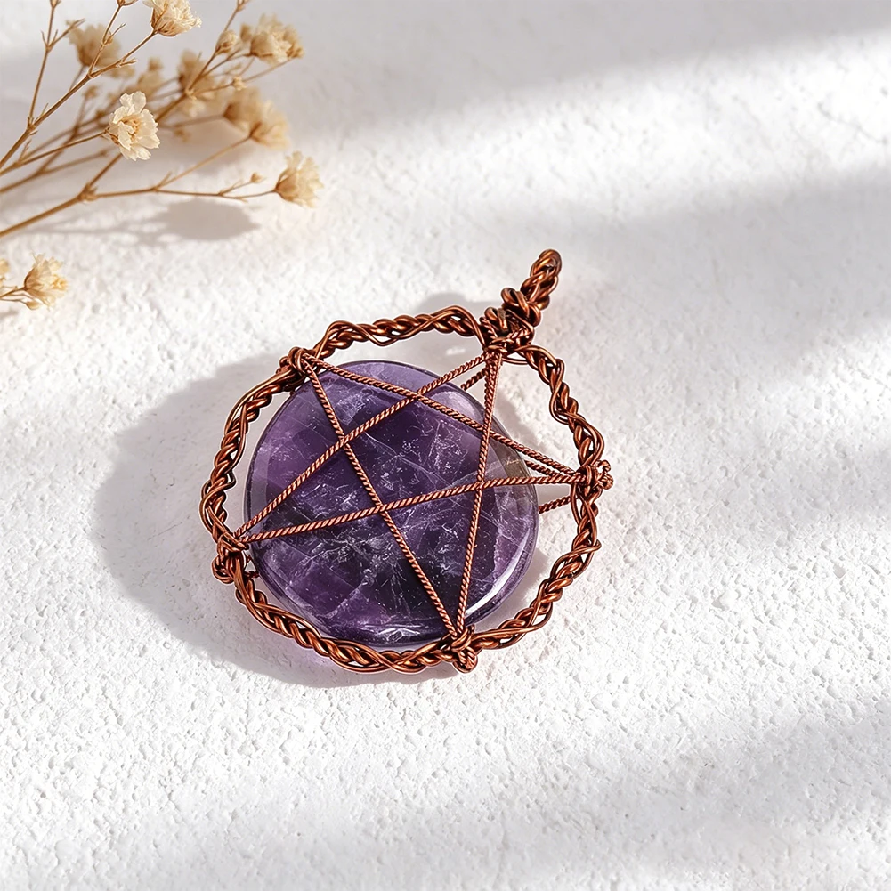 Handmade Metal Wrapped Natural Amethyst Pentagram Pendant for Boho Style Necklace Jewelry