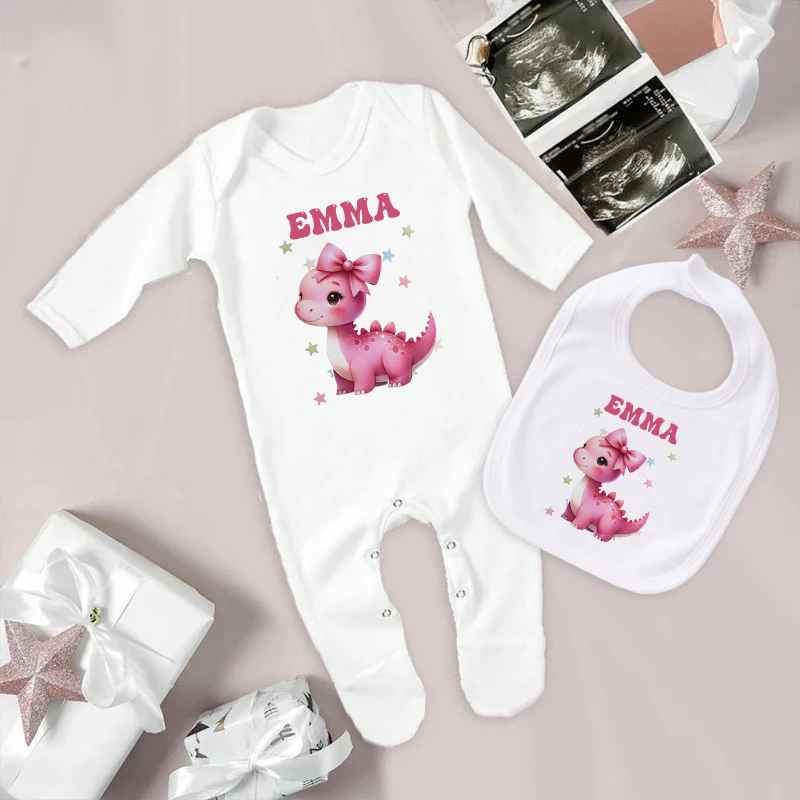 2 Pcs Baby Bib & Bodysuit Personalised Infant Bibs and Sleepsuit Set Newborn Coming Home Hospital Outfit Romper Baby Shower Gift