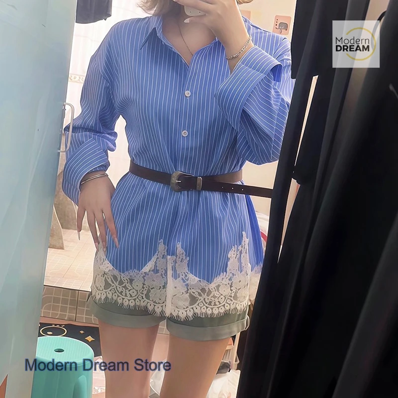 

French advanced lace stitching long-sleeved blue striped shirt stitching design sense women's spring and autumn new casual top