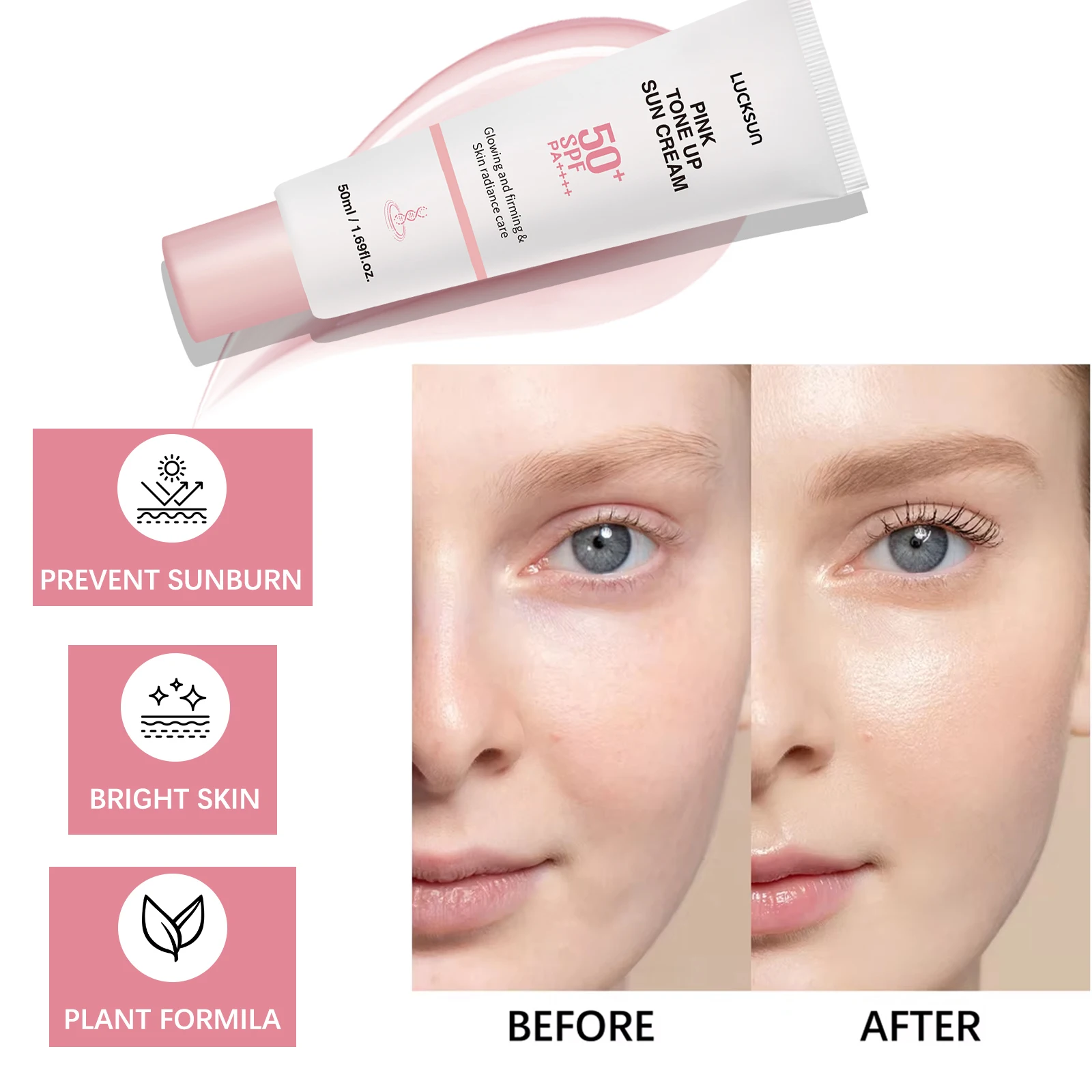 Skin Tone Up Sunscreen SPF50+ 50ml - Brightening, Firming & Glowing Face Sunblock, Lightweight UV Protection for All Skin Types
