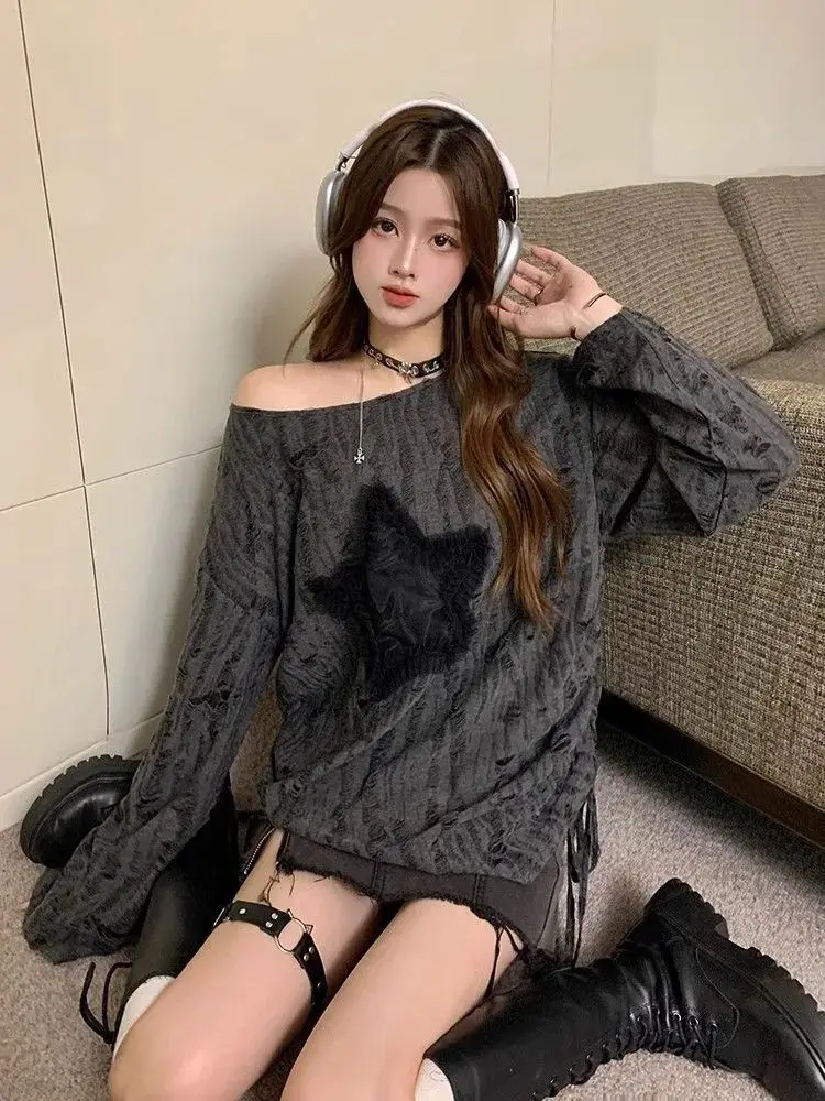 الأمريكية الرجعية طويلة الأكمام تي شيرت مائل الرقبة المرأة عادية StarPrint تيز ثقافة فرعية الهيب هوب الخريف Y2K اليابانية خمر القمم #3