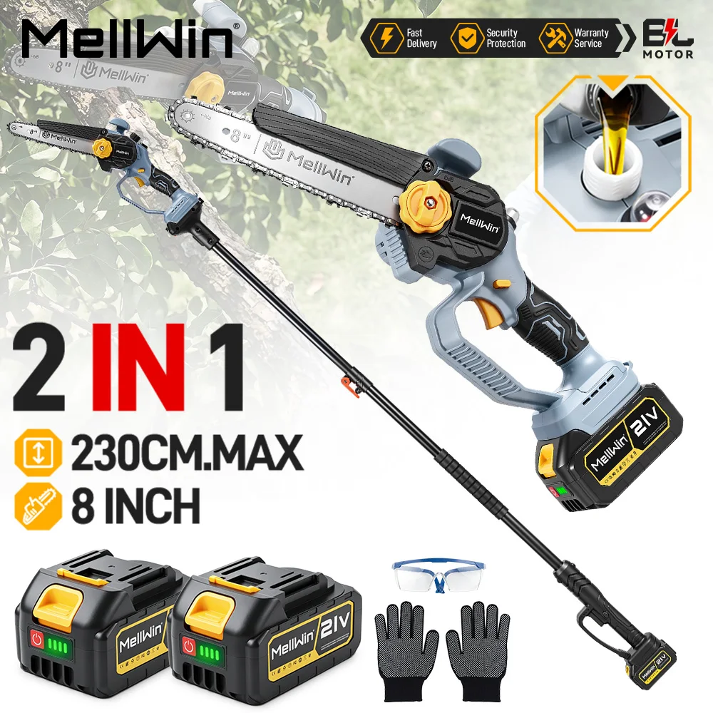 MELLWIN Electric Pole Chainsaw 8 Inch Brushless Telescoping 2 in 1 High Branch Saw Garden Pruning Tool for Makita 18V Battery Pin