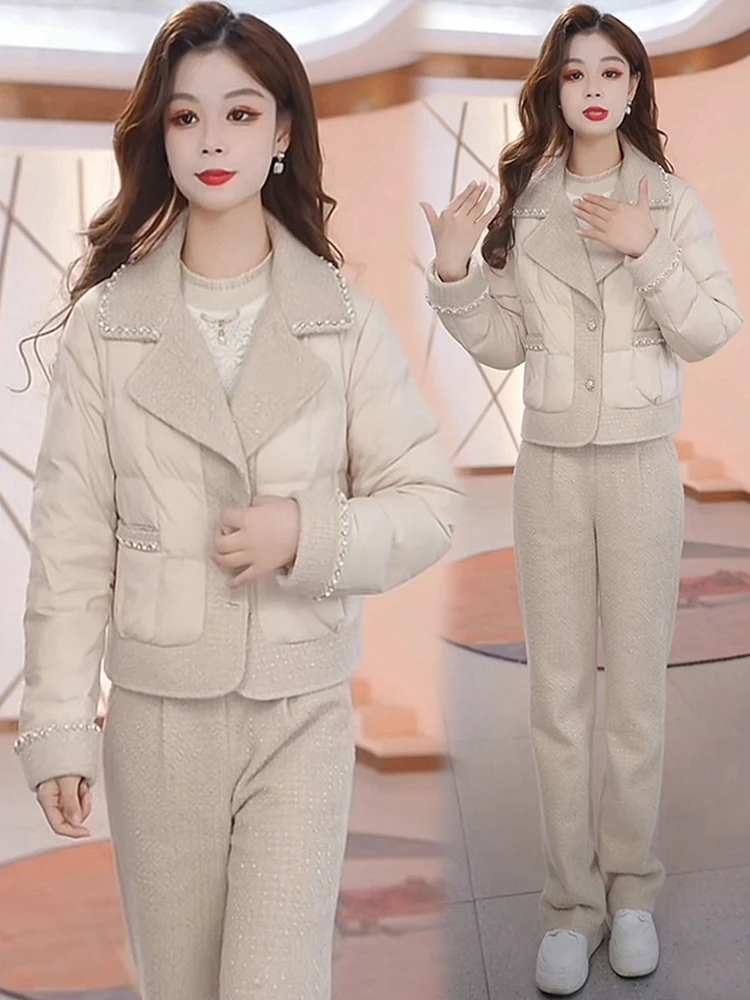 

Faionable Thiened Cotton Autumn Winter Set Women's Warm Sli Two-Piece Suit Casual Sle Breathable Polyester Fiber