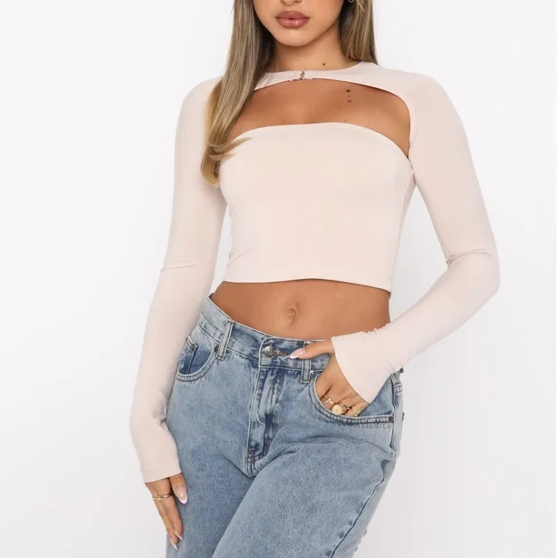 Women's Long Sleeved Hollow Short Top Casual and Fashionable Solid Color Backless Slim Fit Short Base Aesthetic T-shirt YDL45