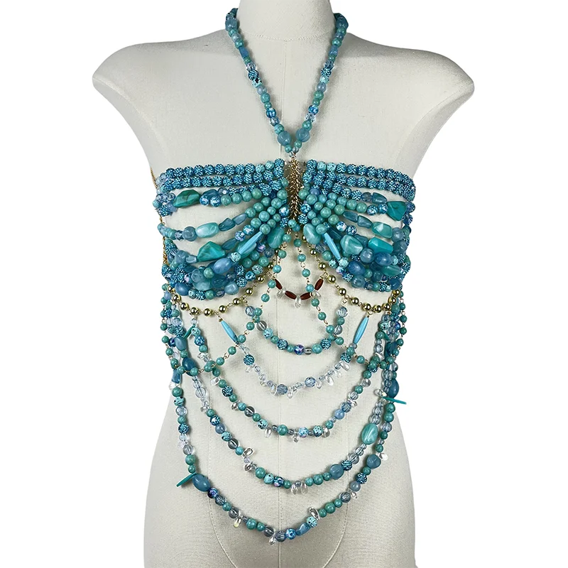 

New Blue Handmade Beaded Gemstone Body Chain, Openwork Choker With Tassels, Sexy Backless Vest For Girls