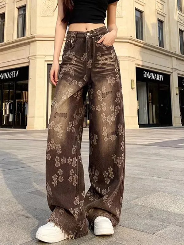 

Trendy High Waist Wide Leg Denim Jeans Women's Deep Brown Floor Length Embroidered Straight Leg Pants Faionable Casual Jeans