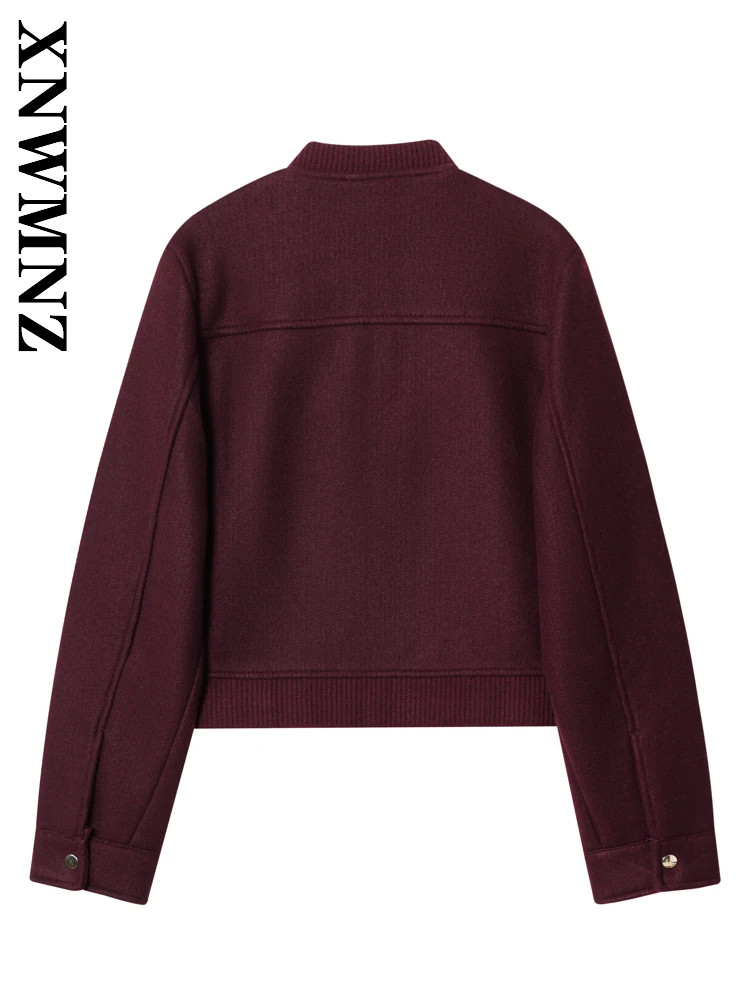 Xnwmnz 2025 outono nova mulher viajando simples manga longa casaco moda chique primavera senhora borgonha casual outerwear zíper