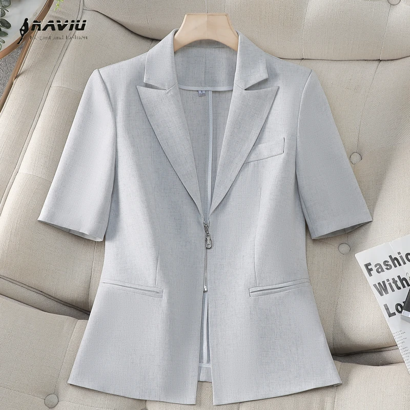 

NAVIU Elegant Coat For Women Fashion Office Casual Jacket Short Sleeve Blazer 2025 New Summer Office Ladies Work Jacket