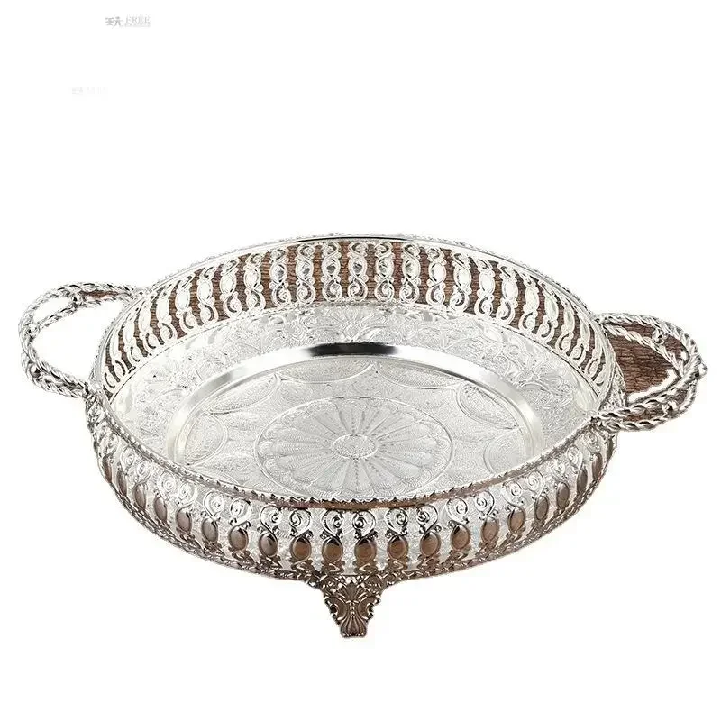 

Silver Circular Fruit Storage Tray Home Living Room Snack Cake Box Food Tray with Handle Metal Decorative Display Plate Modern