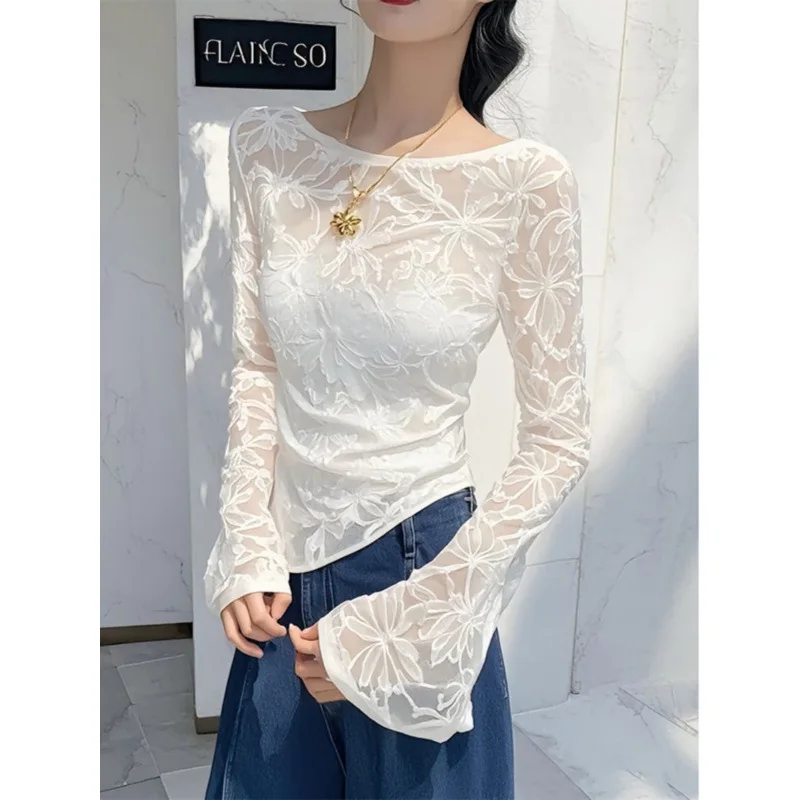 

Bamboo Leaf Jacquard Irregular Long Sleeve Slim Crop Top 2026 Spring New Women's Casual Base Shirt