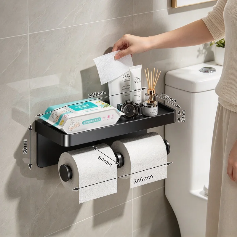 Wall-Mounted Bathroom Toilet Paper Holder, Aluminum Tissue Rack with Storage Shelf, Multifunctional Bathroom Organizer