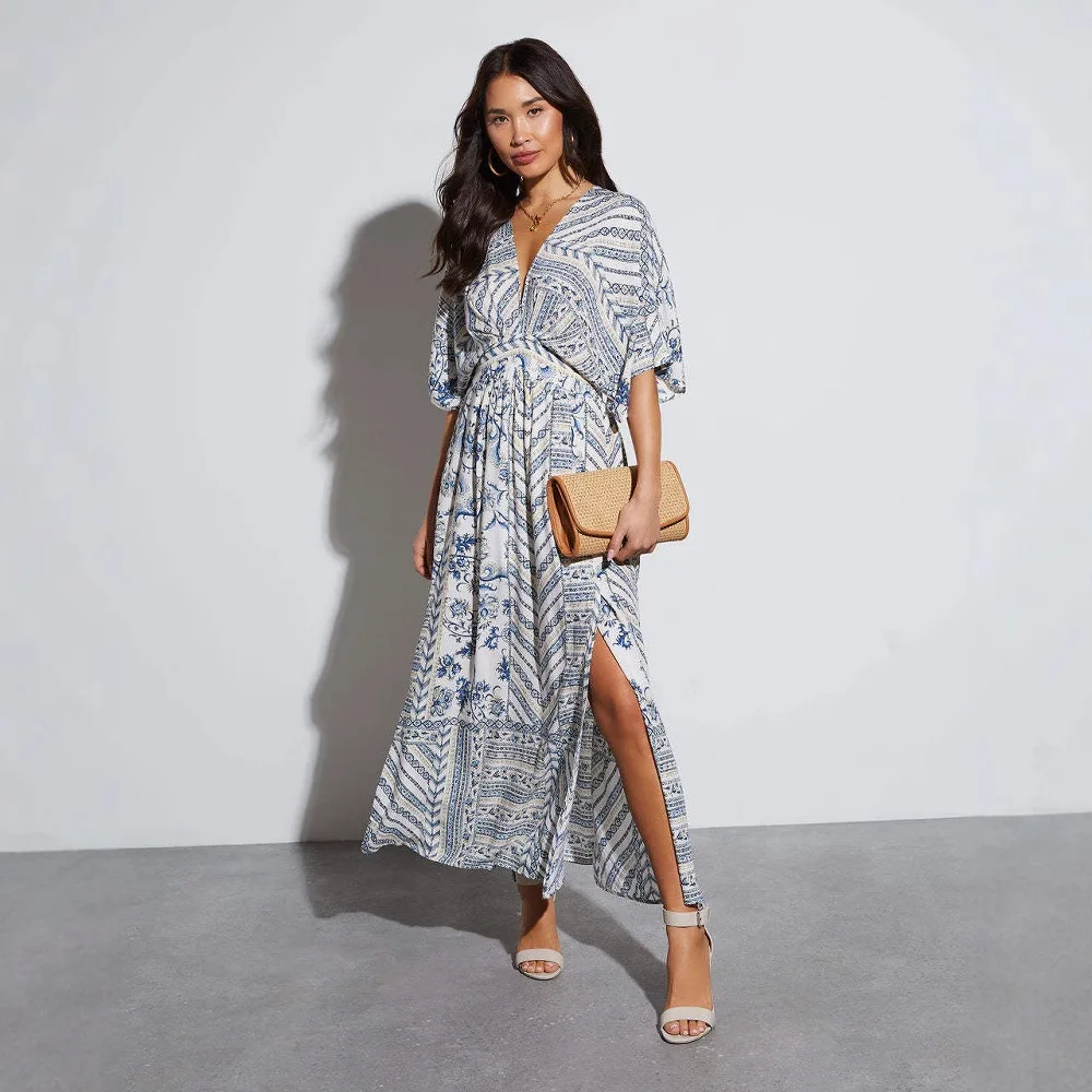 

Printed Long Short-sleeved Printed V-neck Dress Drag Queen Dress Burning Man Festival Woman Ballroom Dress
