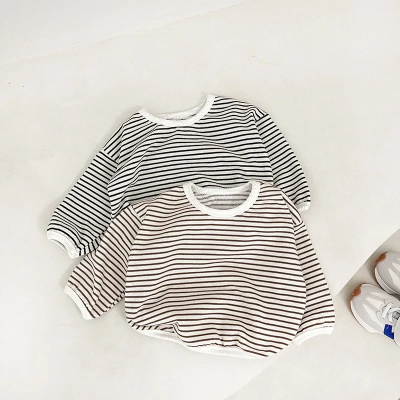 

Spring Autumn Ins Baby Undershirt Outdoors Long Sleeves All-match Stripe Unhooded Cute Fashion Warm Soft Cool Cotton