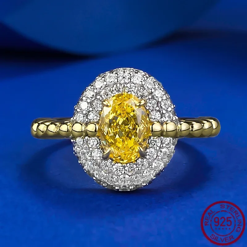 New High Carbon Diamond 5 * 7 Fortune Yellow Diamond Ice Flower Cutting S925 Pure Silver Ring Ring Wedding Jewelry