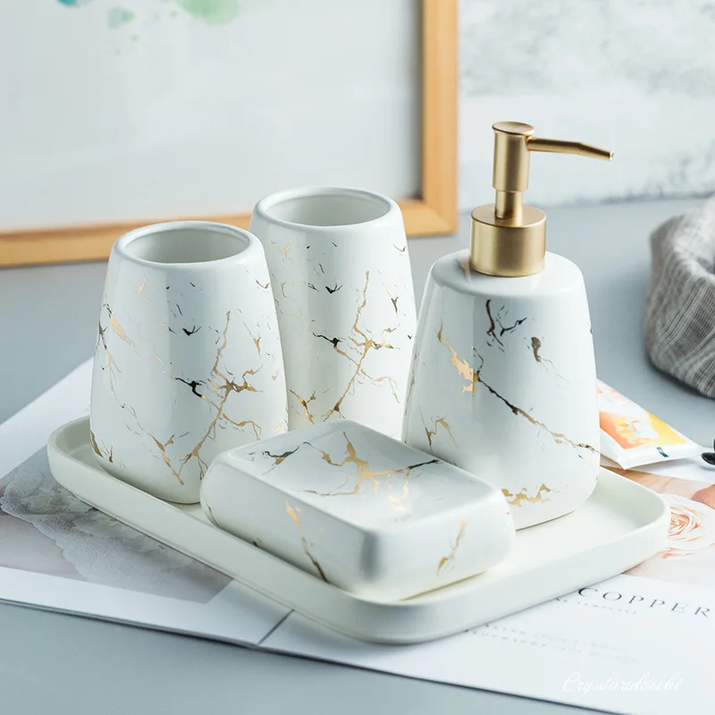 Black Marble Pattern Tray Resin Bathroom Set Toothbrush Holder Soap Dispenser Soap Dish Men\'s Bathroom Accessories Set Home Deco