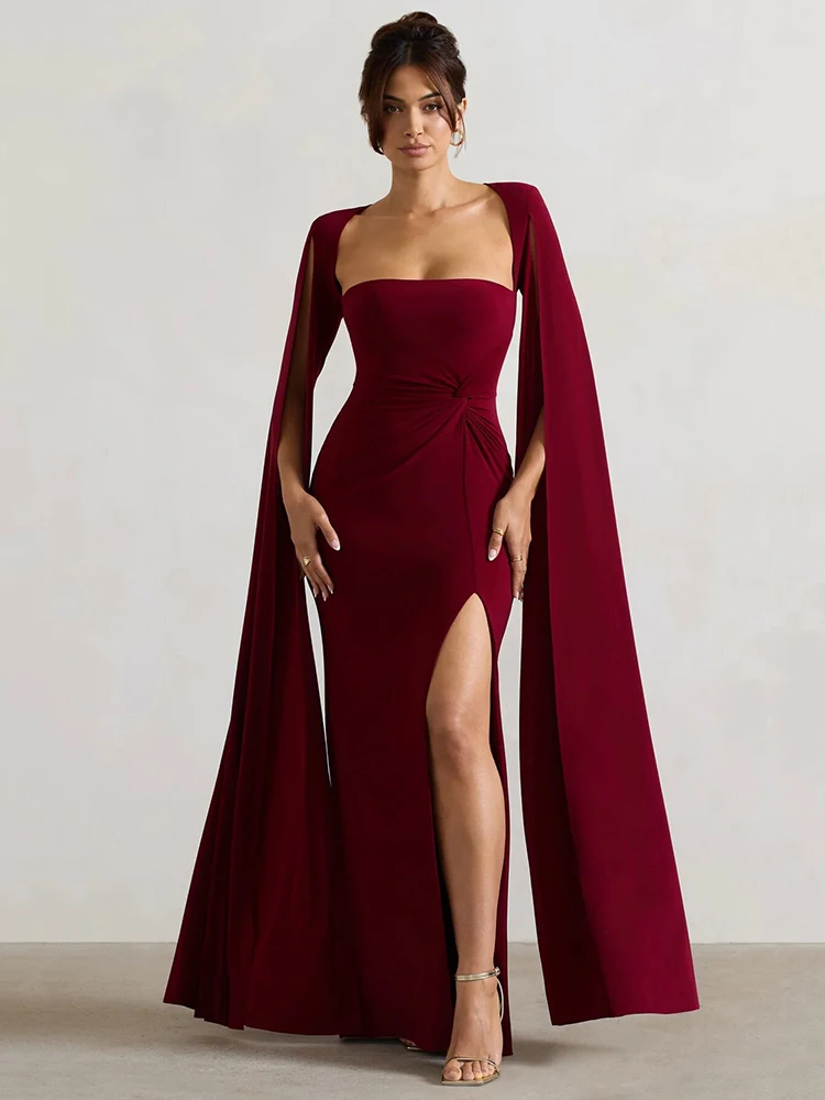 Mozision Long Cape Sleeve Split Maxi Dress For Women Gown Fashion Solid Square Collar Evening Sexy Long Dress Elegant New