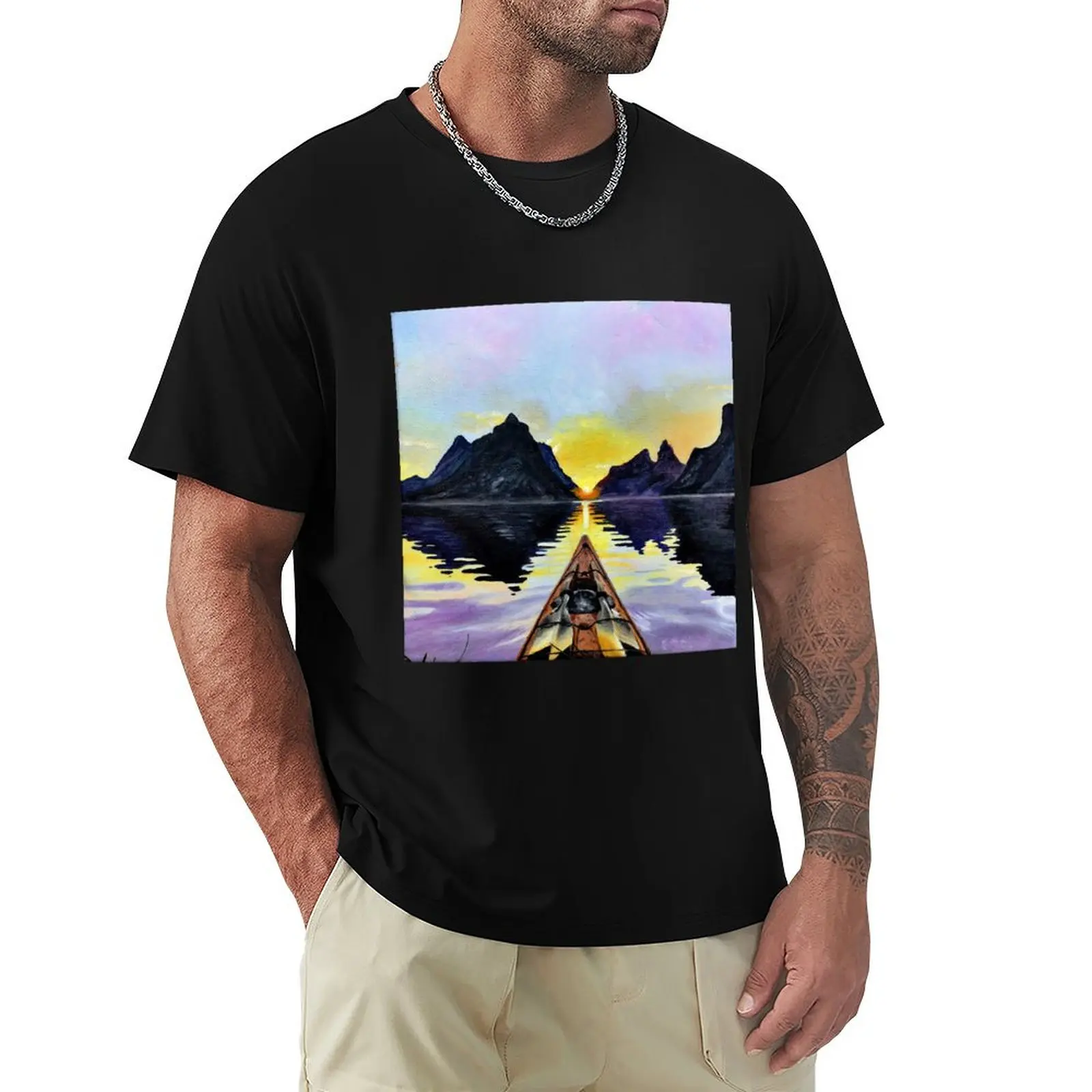 

Boat with Water, Mountains, and Sunset Pretty Acrylic Painting T-Shirt Casual Minimalist Short Sleeve Top