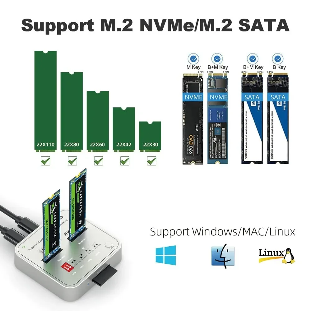 MAIWO M.2 NVMe/SATA Case M.2 SSD Docking Station USB3.1 GEN2 10Gbps M2 Solid State Drive Duplicator Cloner Czytnik kart SD do PC