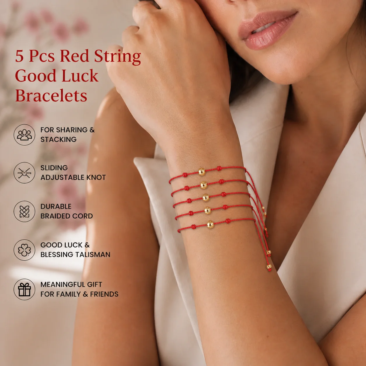5pcs Adjustable Red Cotton Cord Bracelet with Gold Tone Round Copper Bead and Sliding Knot Closure Unisex Meditation Style