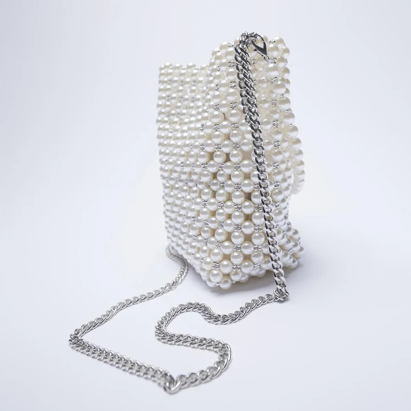 ZA New Pearl Beaded Bag White Beaded Fairy Portable Messenger Bags with Chain Female Purses and Handbags Cross Body Bag Woman