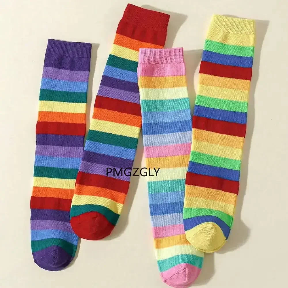Funny Rainbow Colors Women's Stockings Breathable Elastic For Girls Cosplay Socks Party Performance Soft Rainbow Striped Socks