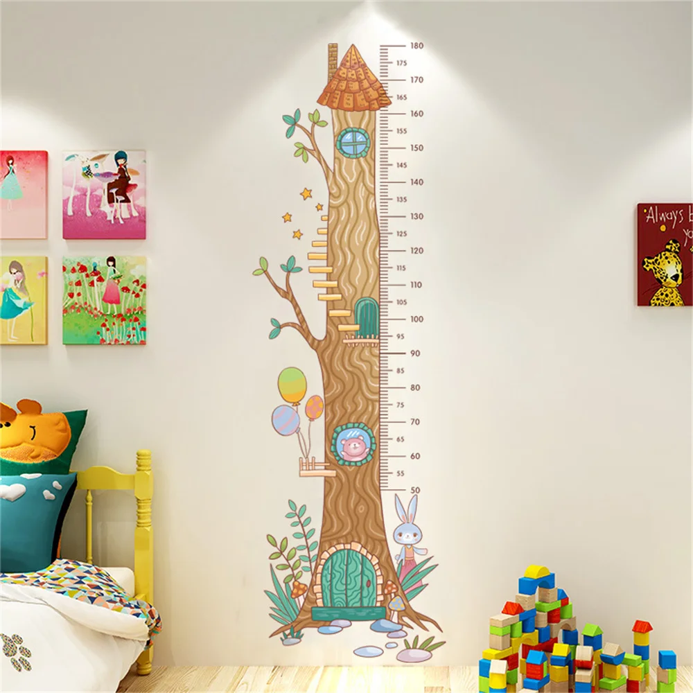 Cartoon Big Tree Animals Height Measure Wall Sticker Airship Rocket Wallpaper For Kids Room Nursery Child Growth Ruler Chart Art