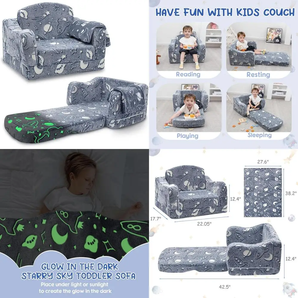 

Kids 2-in-1 Convertible Sofa Chair with Blanket, Starry Sky Design for Boys and Girls, Playroom Furniture
