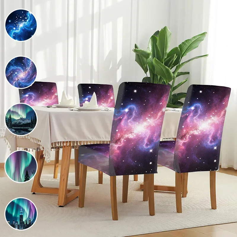 High-elasticity printed dining chair cover, dream nebula aurora pattern, suitable for home dining tables and chairs