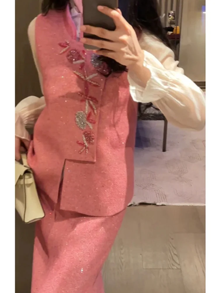Conjunto de Pantalones y Chaleco con Lentejuelas Estilo Chino, Pantalones Largos de Cintura Alta y Pierna Ancha para Mujer, Otoño Invierno, Nuevo Conjunto Casual de Moda