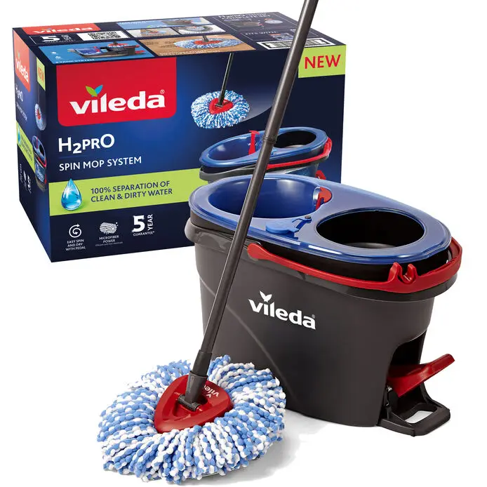 Vileda Sistema Turbo H2PRO | Cubo de doble cámara para separación de agua limpia y sucia | Mopa triangular para llegar a esquinas y muebles | Cabezas de mopa lavables y reutilizables | Limpieza eficiente y sin esfuerzo