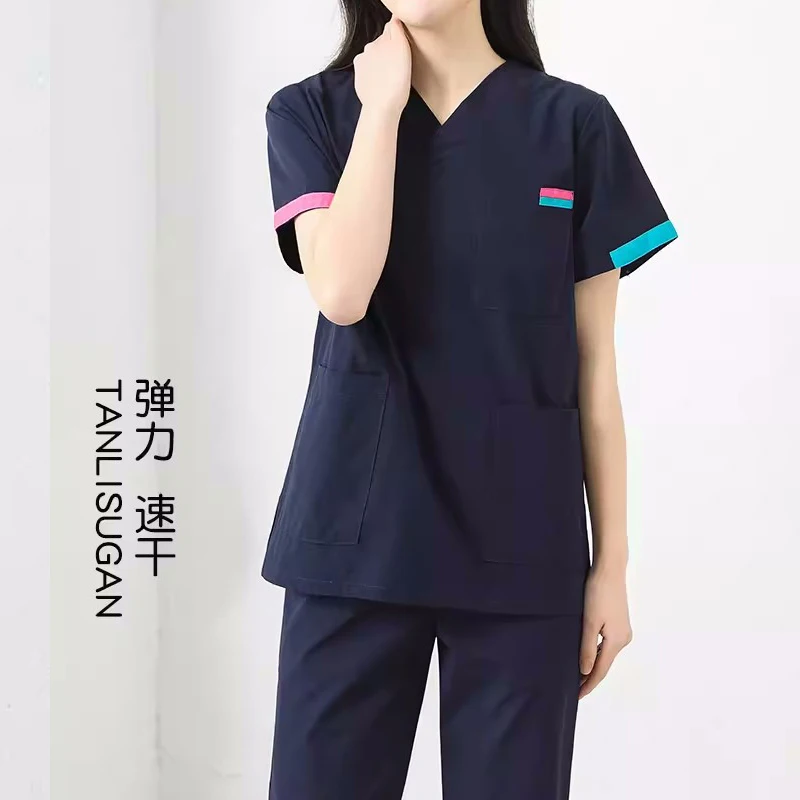 Stretching Scrub Set Women Medical Uniform Plug Size Nursing Clothes Short Sleeve Scrub Top High Quality Scrub Trousers Workwear