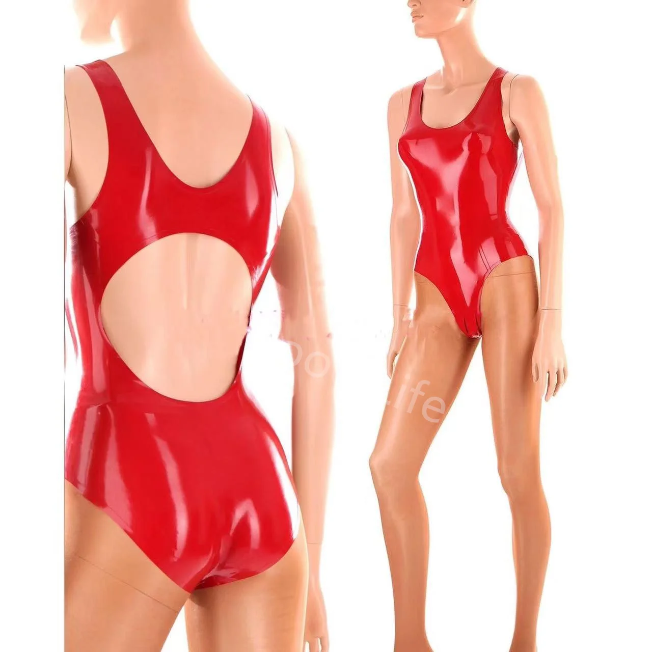 

Red Sexy Sleeveless Latex Swimsuit High Cut Leg Open Back Holes Round Collar Body Suit Catsuit Rubber Bodysuit