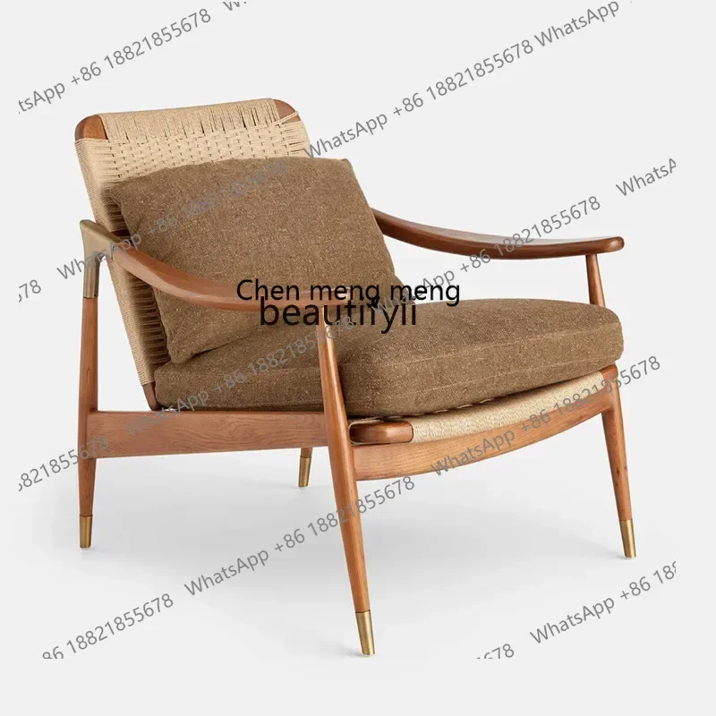 D32 Designer Living Room Single-Seat Sofa Chair Mild Luxury Retro Hotel Backrest Woven Wooden Lounge Chair
