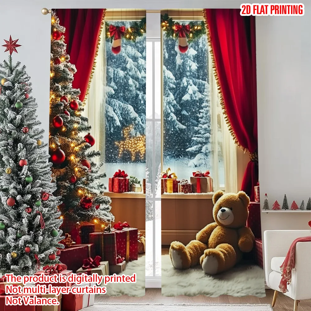 

2pcs 2D flat printing Merry Christmas Popular Window Curtains Christmas on Machine Washable Polyester Without Electricity Family