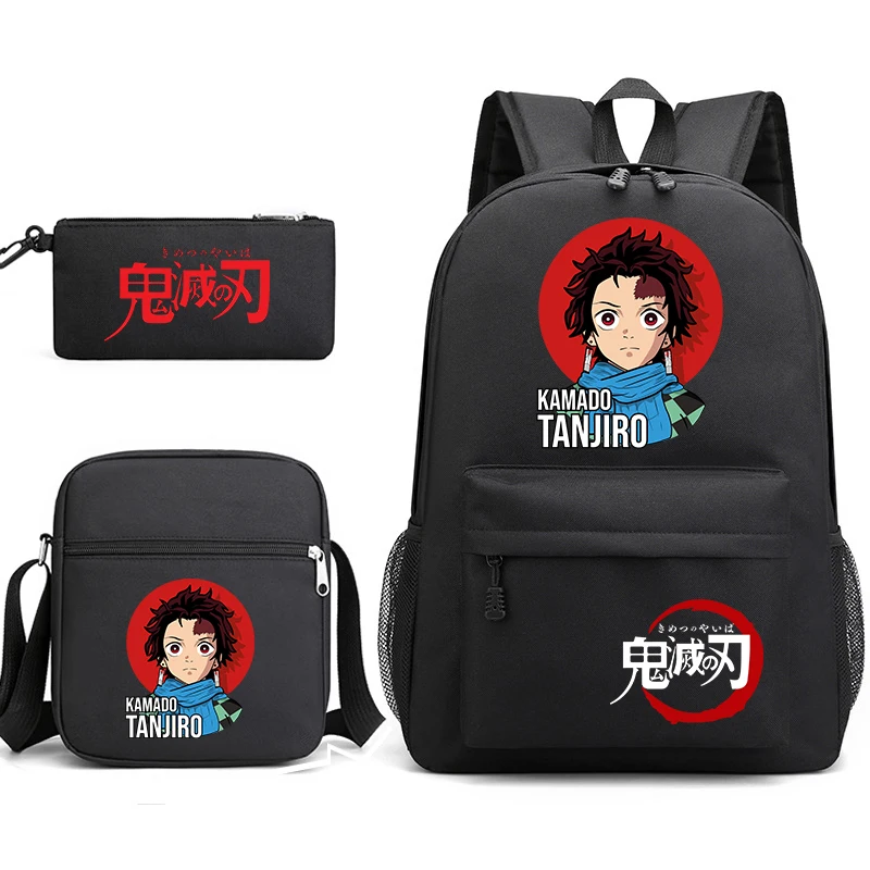 デーモンスレイヤーアニメプリントスクールバックパックセット3個入り男の子女の子カジュアルデイパックショルダーバッグ付きペンシルケース