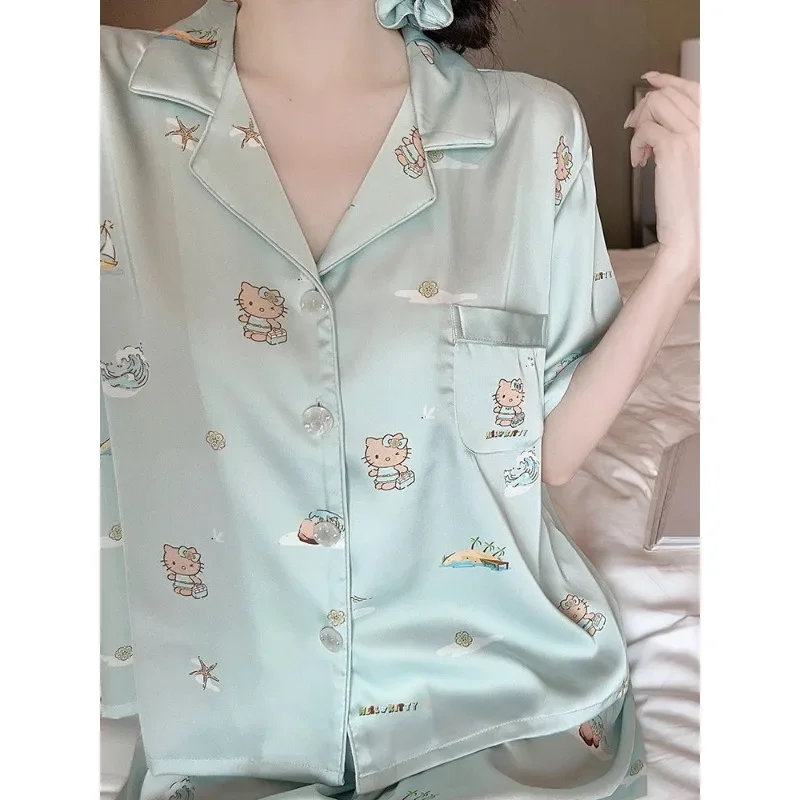 

Summer new blue lapel cute cartoon Hello Kitty pajamas short-sleeved shorts ice and snow silk printed loungewear set