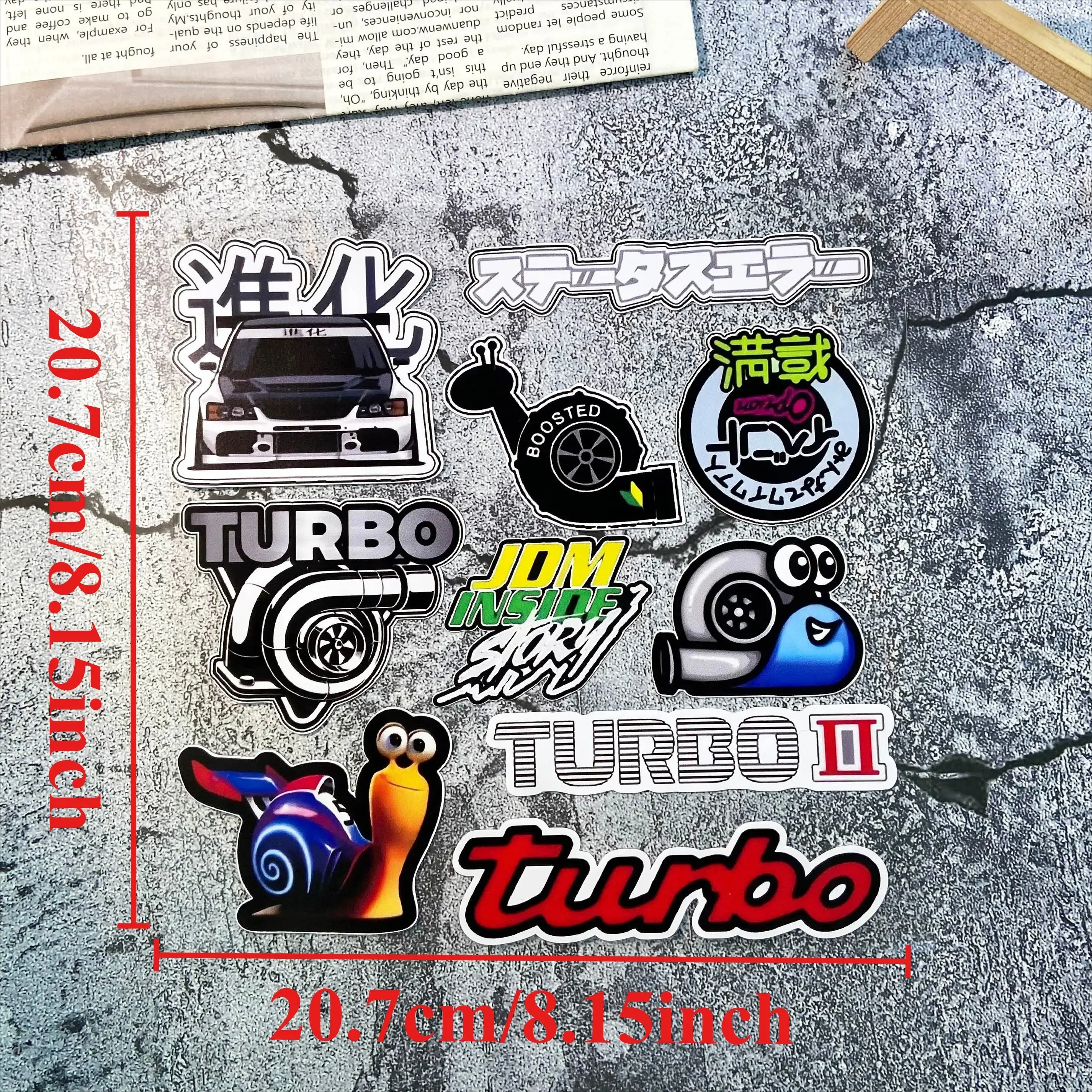 مجموعة ملصقات سباق التوربينية الرائعة، شارات فريدة تتميز بشعارات Turbo ورسومات الحلزون الممتعة لتخصيص رحلتك