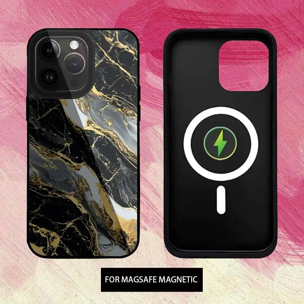 B-funda de teléfono de arte de mármol dorado negro para iPhone17,16,15,14,13,12,11 Plus, carga inalámbrica Magsafe magnética Pro Max