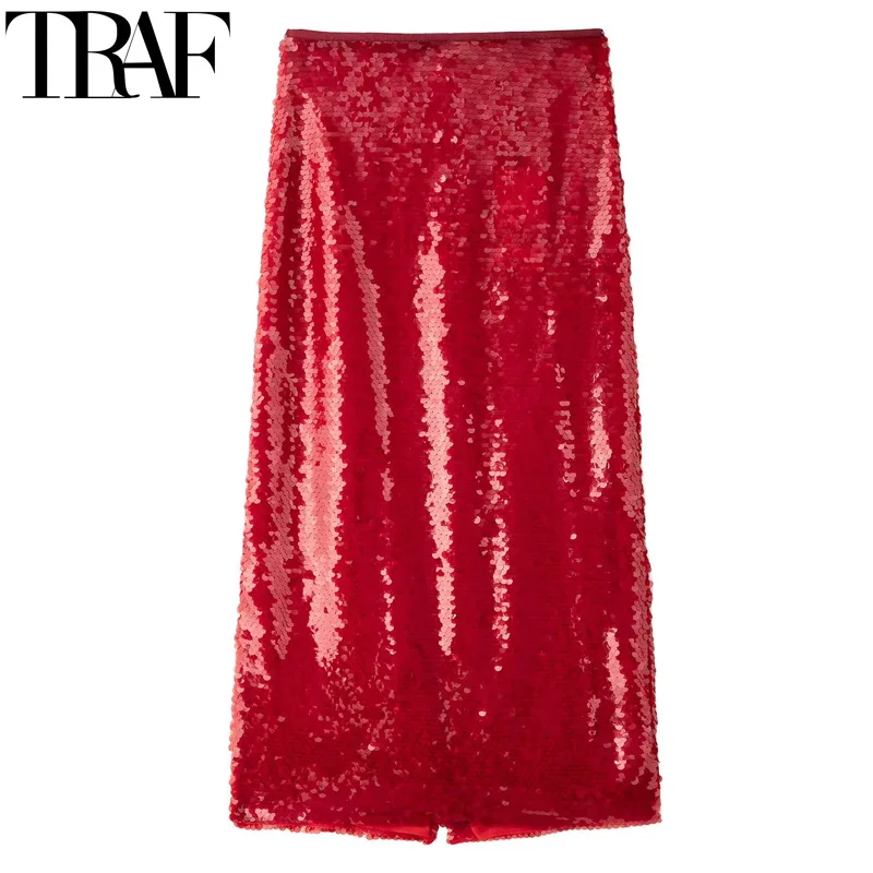 TRAF Womens Skirts Glitter Red Sequin Skirt Woman Autumn High Waist Long Skirts For Women Slit Elegant Christmas Pencil Skirt