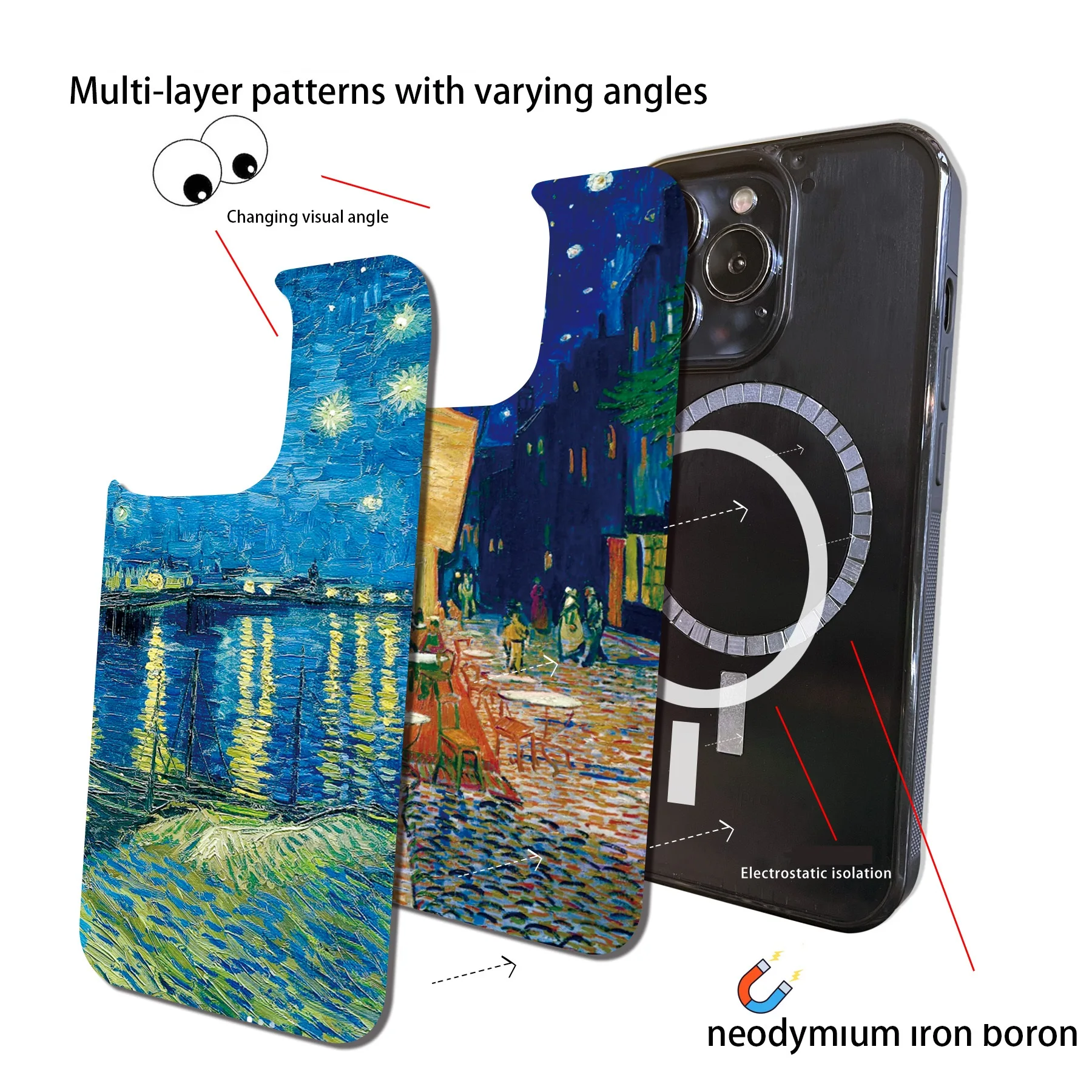 Grating Lenticular Van Gogh Art Oil Painting Starry Night Wireless Charge Magnetic Cover Case for iPhone 16 15 14 13 12 Pro Max