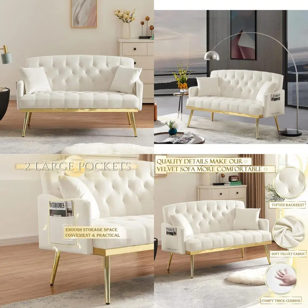 

Modern Velvet Loveseat Sofa with Side Pocket and Gold Metal Legs, Tufted Couch for Living Room