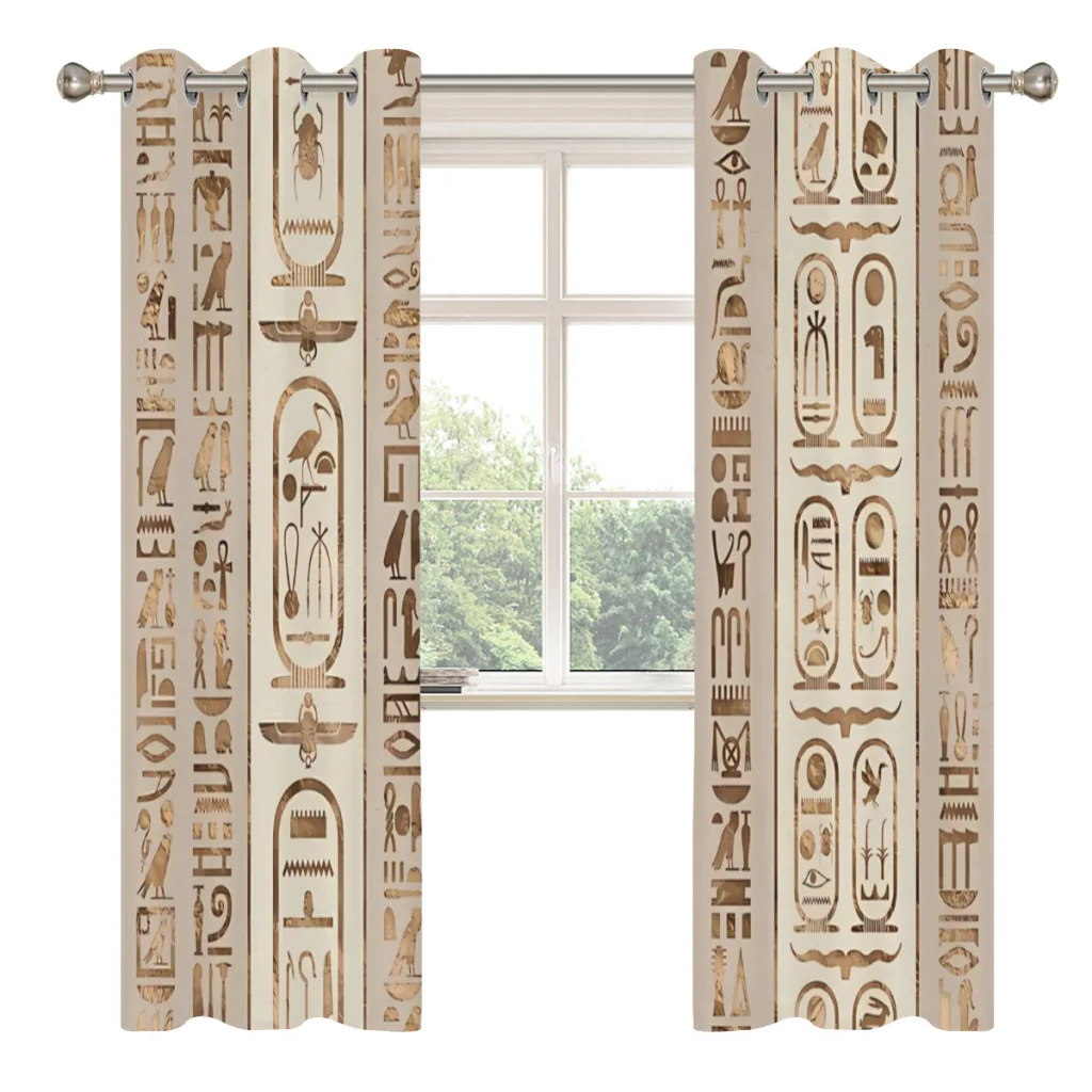 Egyptian hieroglyphs Pastel Gold Shading Curtains for Living Room Decoration Window Curtain 2 PC